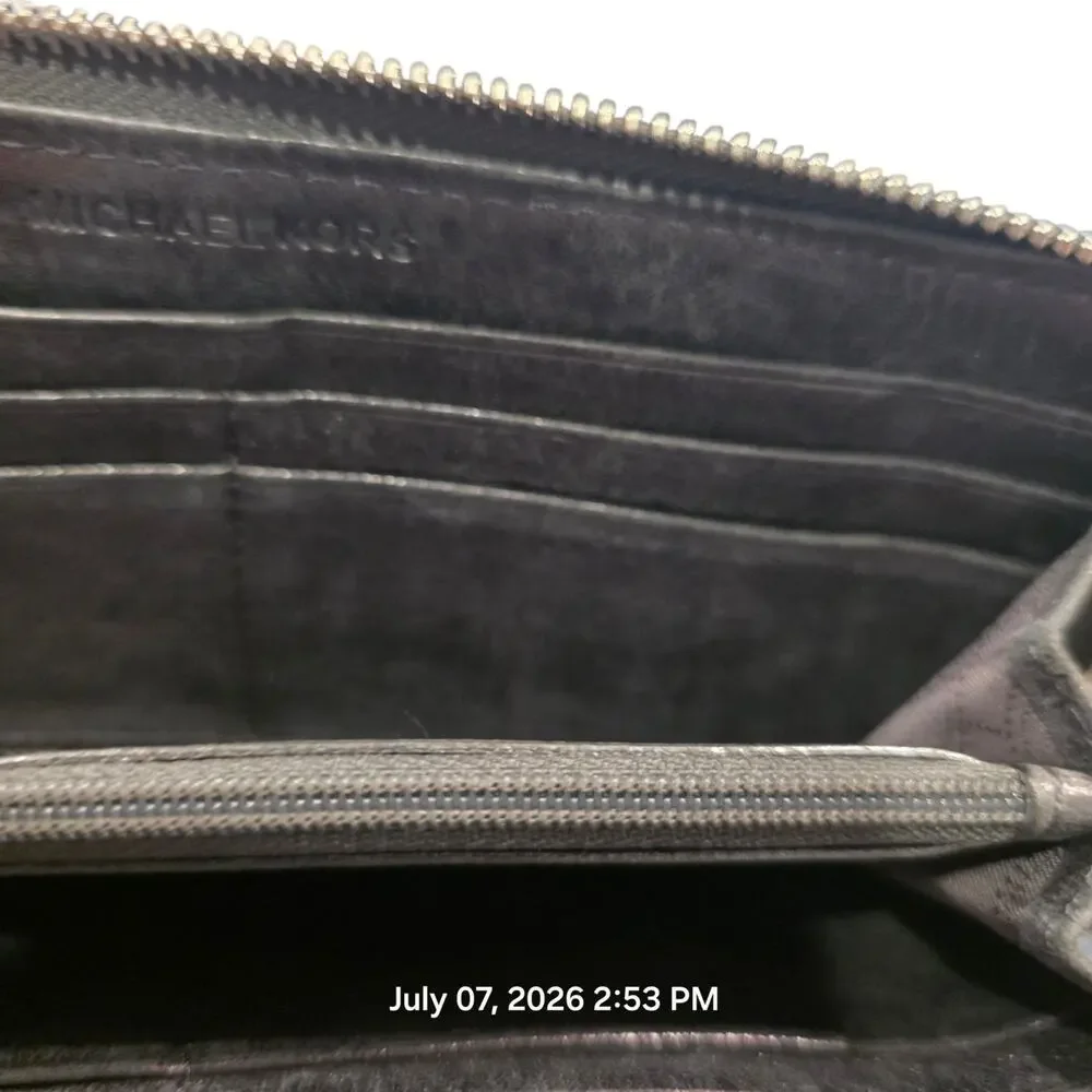 Michael Kors Gray MK Logo Zip Around Wallet Continental Checkbook Clutch...